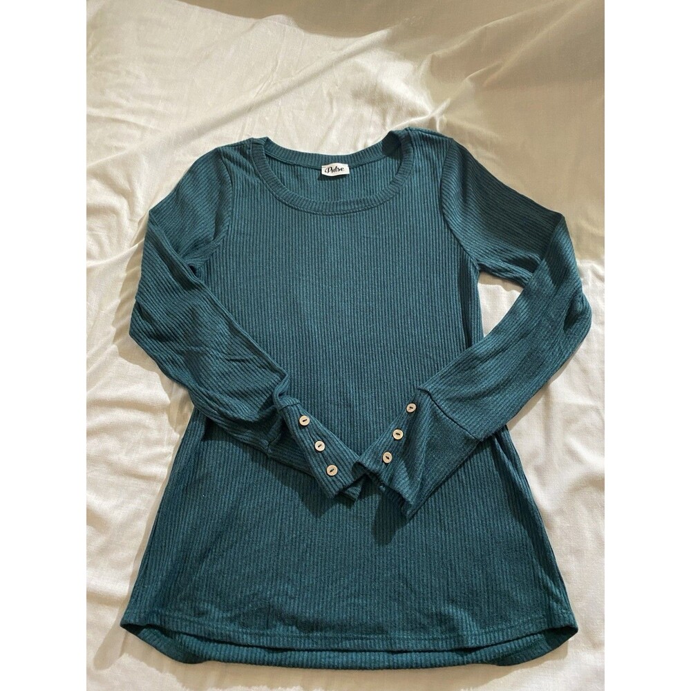 Pulse Womens Ribbed Long Sleeve Shirt Top Teal Green Crew Neck Button Sleeve